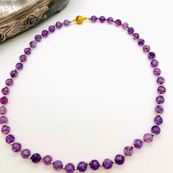 Vintage Amethyst Dragon Vein Glass Bead Necklace RARE! - Picture 6 of 13